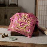 Asian Square Magenta Golden Dragon Bats Blossom Flower Fabric Display Art GB696S