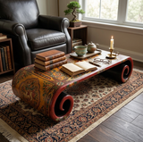 65.5"" Tibetan Style Yellow Red Lion Graphic Scroll Rectangular Coffee Table Stand ws4642S
