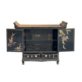 Vintage Chinoiseries Black & Stone Inlay Graphic Credenza Storage Cabinet ws4256S