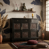 Asian Black Flower Motif Carving Side Table Credenza Storage Cabinet cs7503S
