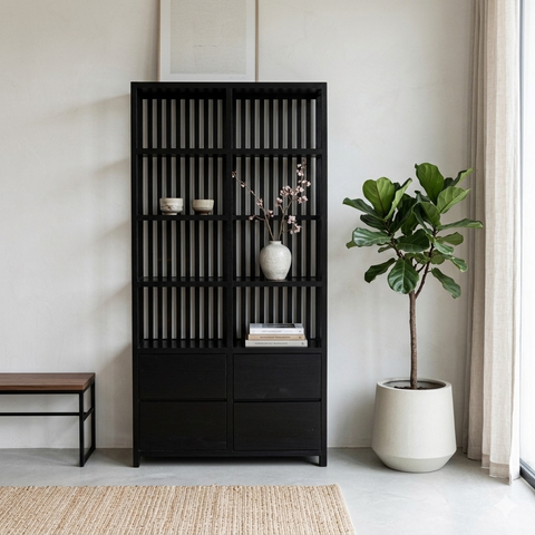 Black Lacquer Bars 4 Drawers Zen Minimalist Bookcase Display Cabinet w ...