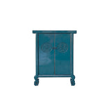 Distressed Teal Blue Lotus Carving Tall Credenza Storage Cabinet ws4480S