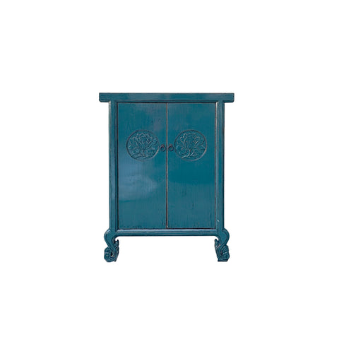 Distressed Teal Blue Lotus Carving Tall Credenza Storage Cabinet ws4480S
