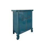 Distressed Teal Blue Lotus Carving Tall Credenza Storage Cabinet ws4480S