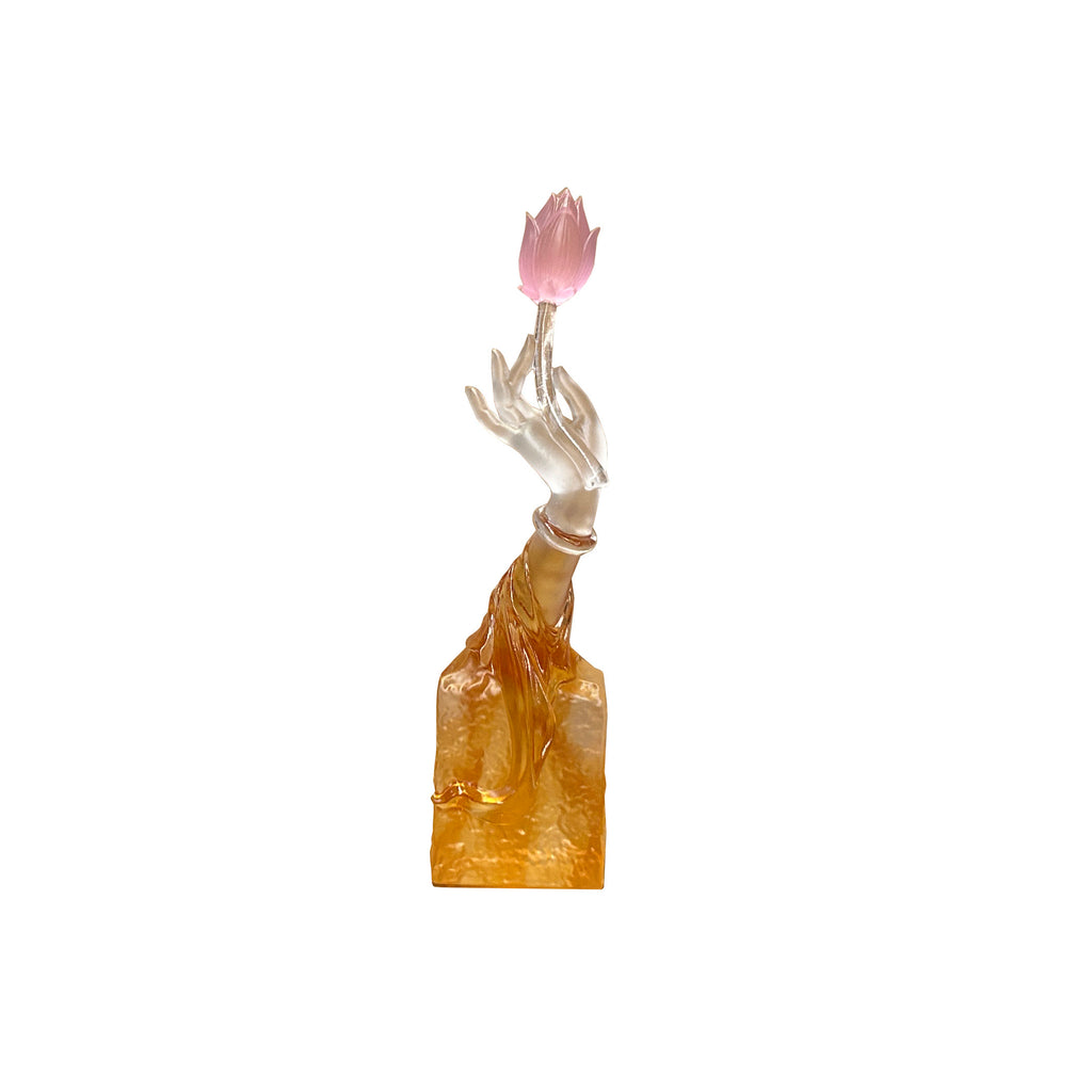 Asian Crystal Glass Buddha Hand Pink Lotus Display Art Figure ws3639S
