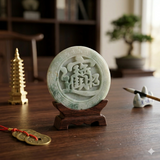 Carved Natural Thick Round Jade Pendant With Chinese Word Gather Fortune n555S