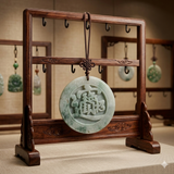 Carved Natural Thick Round Jade Pendant With Chinese Word Gather Fortune n555S