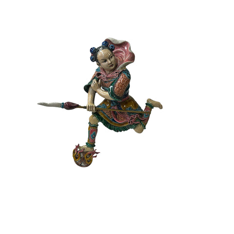 Chinese Vintage Color Ceramic NeZha Riding Fire Wheel Figure Display Art ws3982S