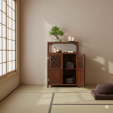 Chinese Open Carving Narrow Wood Grain Brown Side Table Cabinet GB252S