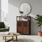 Chinese Open Carving Narrow Wood Grain Brown Side Table Cabinet GB252S