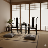 Chinese Traditional Black Brown Yoke-Back Armchair Set w Small Table GB257S