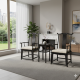 Chinese Traditional Black Brown Yoke-Back Armchair Set w Small Table GB257S