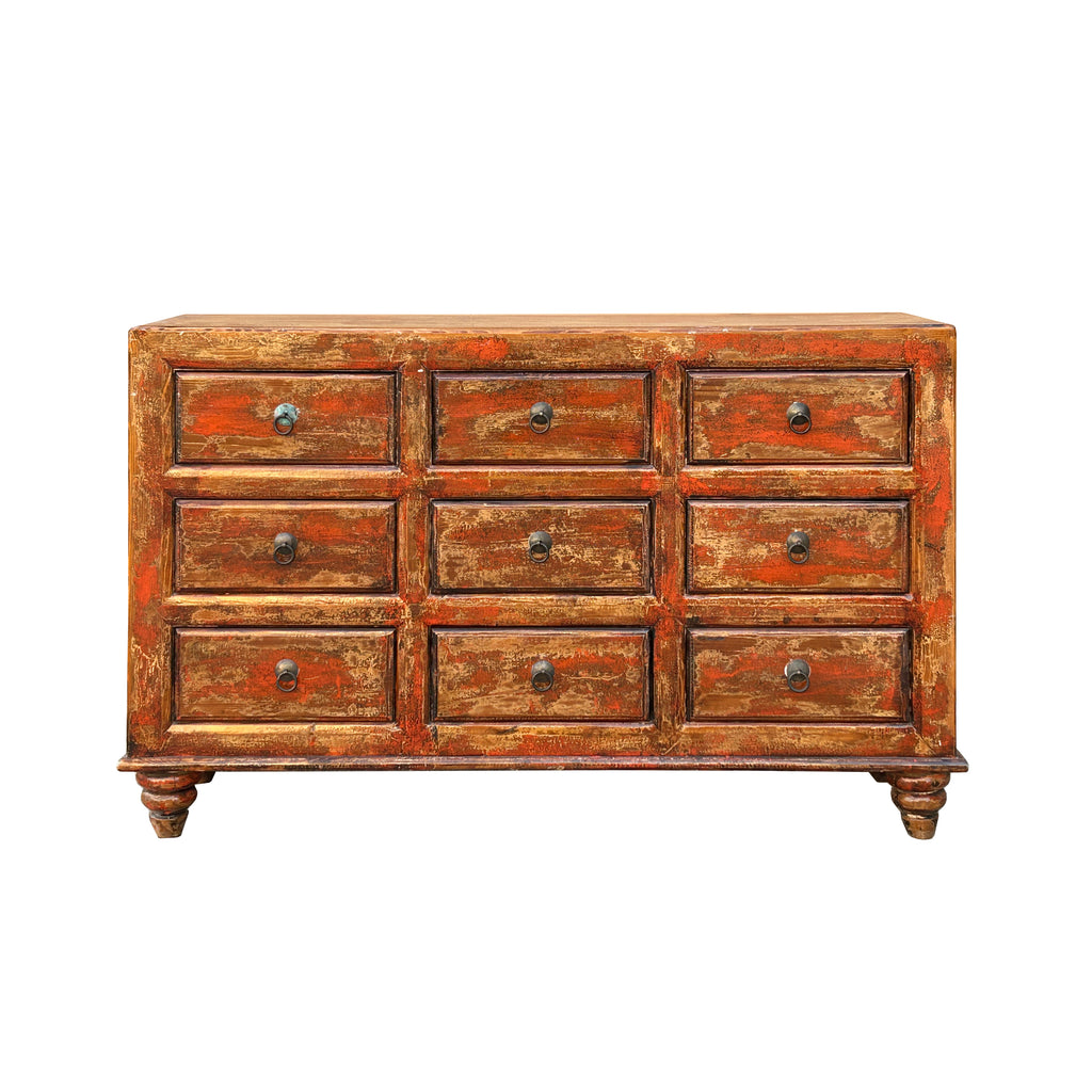 Orange Brown Rustic Vintage 9-Drawer Wooden Dresser – Distressed Farmh – Golden Lotus Antiques
