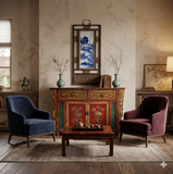 Chinese Distressed Mustard Yellow Red Flower Sideboard Credenza Cabinet cs7742S