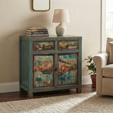 Chinese Distressed Turquoise Blue Old Graphic Credenza Cabinet cs7312S