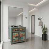 Chinese Distressed Turquoise Blue Old Graphic Credenza Cabinet cs7312S
