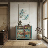 Chinese Distressed Turquoise Blue Old Graphic Credenza Cabinet cs7312S