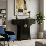 Chinese Moon Face T-Shape Black Lacquer Drawers Side Table Cabinet cs7478S