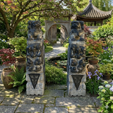 Chinese Pair Gray Stone Fengshui Foo Dogs Lions Door Block Statue cs7236S