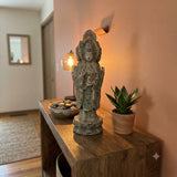 Chinese Rustic Wood Gray Brown Bodhisattva  Kwan Yin 3 Sides Statue ws753S