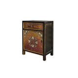 Oriental Distressed Orange Base Flower Graphic Black Body End Table Nightstand ws4411S
