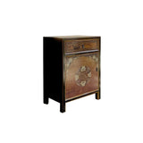 Oriental Distressed Orange Base Flower Graphic Black Body End Table Nightstand ws4411S
