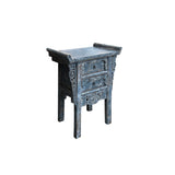 Distressed Pale Blue Grey 2 Drawers Carved Motif End Table Nightstand ws4436S