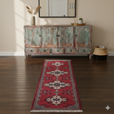Long Rectangular Red Geometric Medallion Graphic Wool Rug Carpet Runner GB295S
