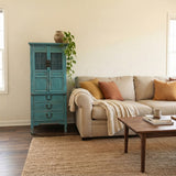 Distressed Aqua Blue Slim Wood Carving Shutter Doors Storage Cabinet ws4067S