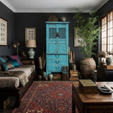 Distressed Aqua Blue Slim Wood Carving Shutter Doors Storage Cabinet ws4067S