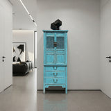 Distressed Aqua Blue Slim Wood Carving Shutter Doors Storage Cabinet ws4067S