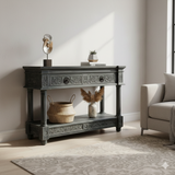 Distressed Black Gray Relief Floral Motif Tall Credenza Console Cabinet ws4346S