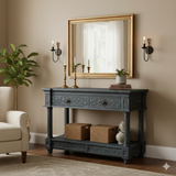 Distressed Black Gray Relief Floral Motif Tall Credenza Console Cabinet ws4346S