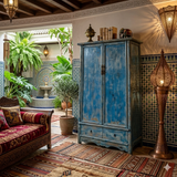 Distressed Bright Blue Tall Oriental Noodle Cabinet Storage Armoire ws4322S