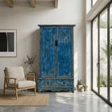 Distressed Bright Blue Tall Oriental Noodle Cabinet Storage Armoire ws4322S