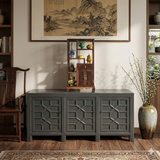 Distressed Gray Lacquer Cross Lattice Pattern Doors Sideboard Console Cabinet ws4318S