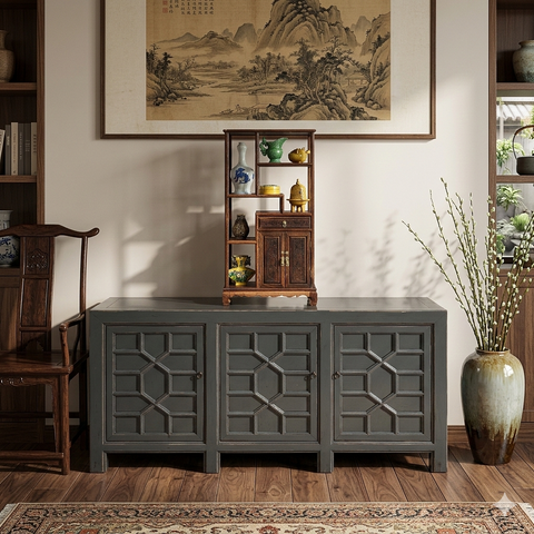 Distressed Gray Lacquer Cross Lattice Pattern Doors Sideboard Console ...