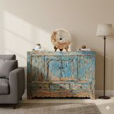 Distressed Rustic Aqua Teal Blue 2 Doors Credenza Sideboard Console Cabinet ws4395S