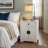 Handmade Distressed White Oriental Moon Face Nightstand – End Table with Drawer & Cabinet Doors cs7039S