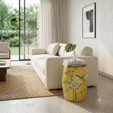 Distressed Yellow Porcelain Flower Birds Round Barrel Stool Table ws3692S