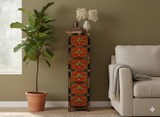 Tibetan Style Red Flower Graphic Slim Narrow 6 Drawers Storage Cabinet GB160S