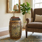 Vintage Oriental Chinoiserie Western Graphic Porcelain Stool Table Ottoman GB163S
