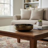 9" Oriental Black Glaze Porcelain Flat Bowl Golden Flower Graphic GB183S