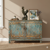 Distressed Rustic Teal Blue 2 Doors Credenza Sideboard Console Cabinet ws4425S