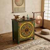 Tibetan Style Green Floral Mandala Graphic End Table Nightstand GB593S