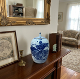 Oriental Flowers Graphic Blue White Point Lid Oval Porcelain Jar GB602S