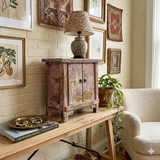 16.25" Distressed Pink Brown 2 Doors End Table Nightstand Chest GB639S /gb586