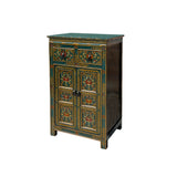 Distressed Teal Blue Green Tibetan Floral End Table Nightstand Cabinet cs7621S