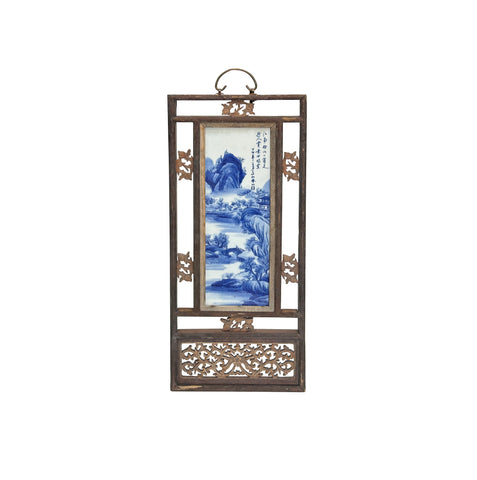 Hand-painted porcelain landscape tile in dark wood frame