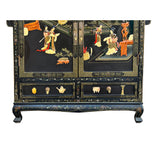 Vintage Chinoiseries Black & Stone Inlay Graphic Credenza Storage Cabinet ws4256S